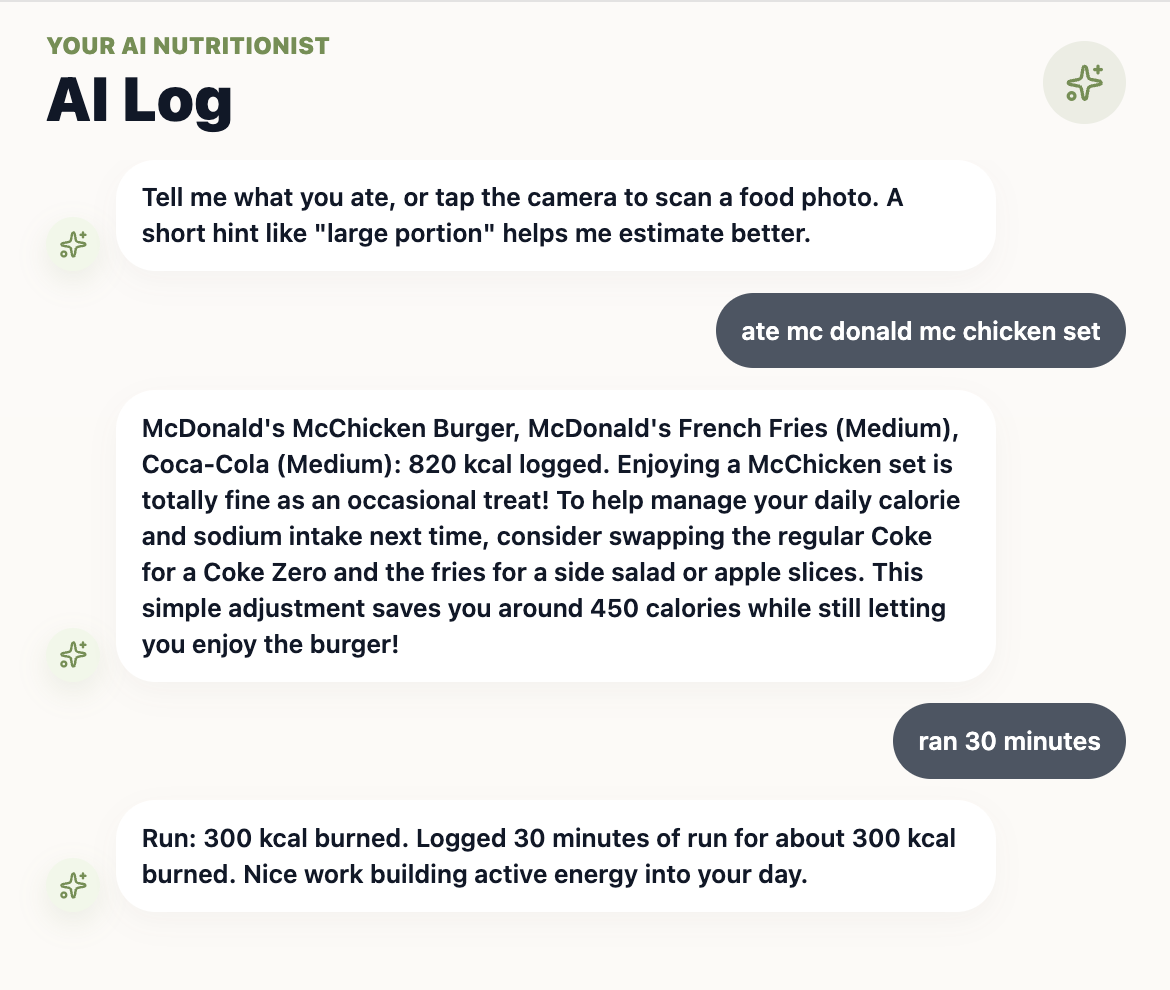 FitFuel smart meal logging screen with generated nutrition values