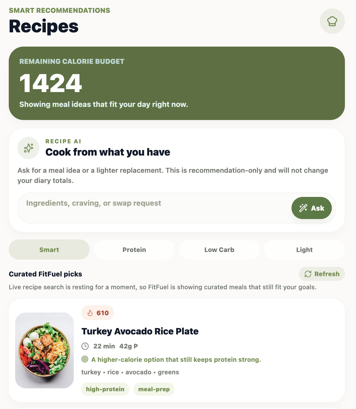 FitFuel recipe assistant with ingredient suggestions and healthier swaps
